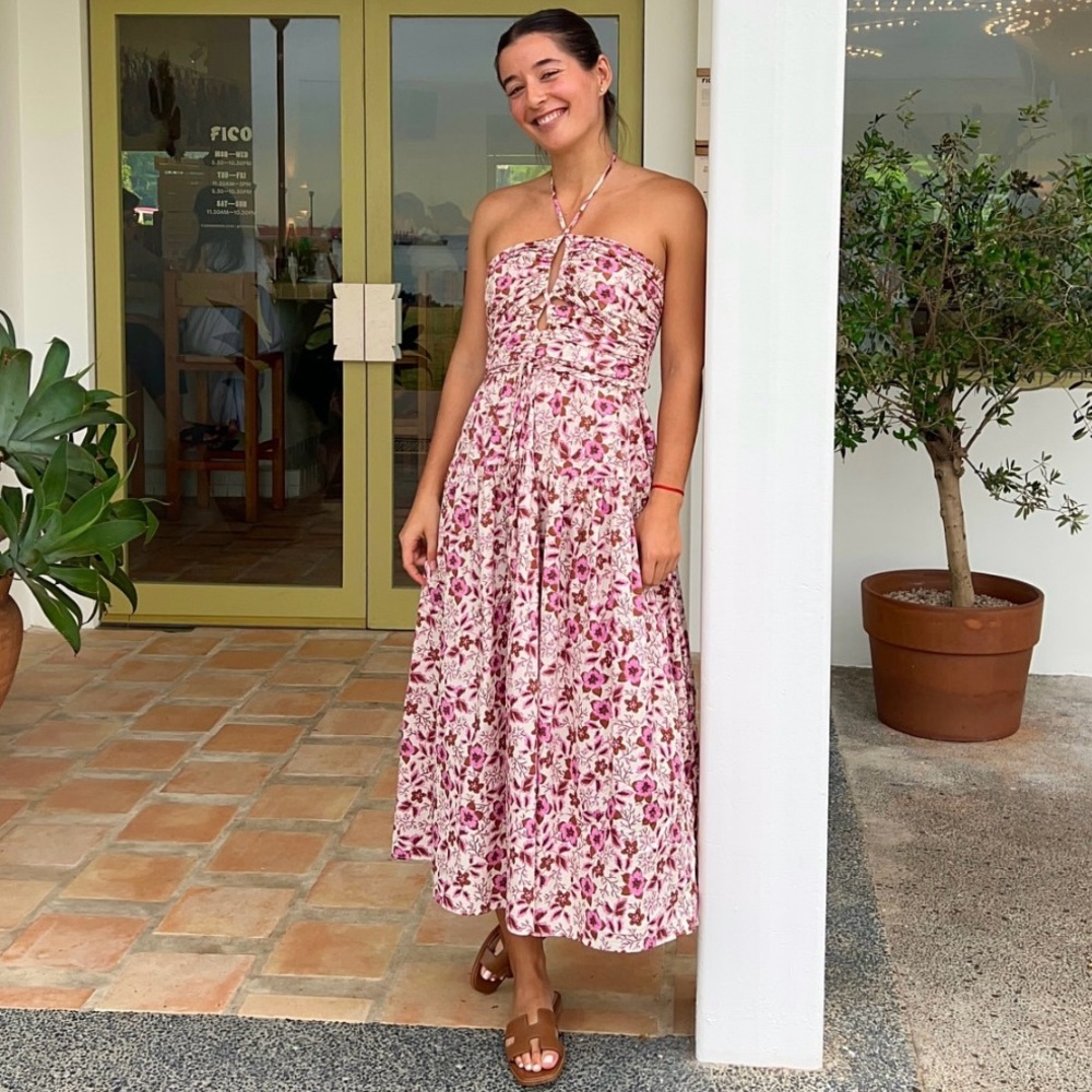 Jason Wu Floral Midi Dress Pink Keyhole Sundress Beach Girly Cottage Size S